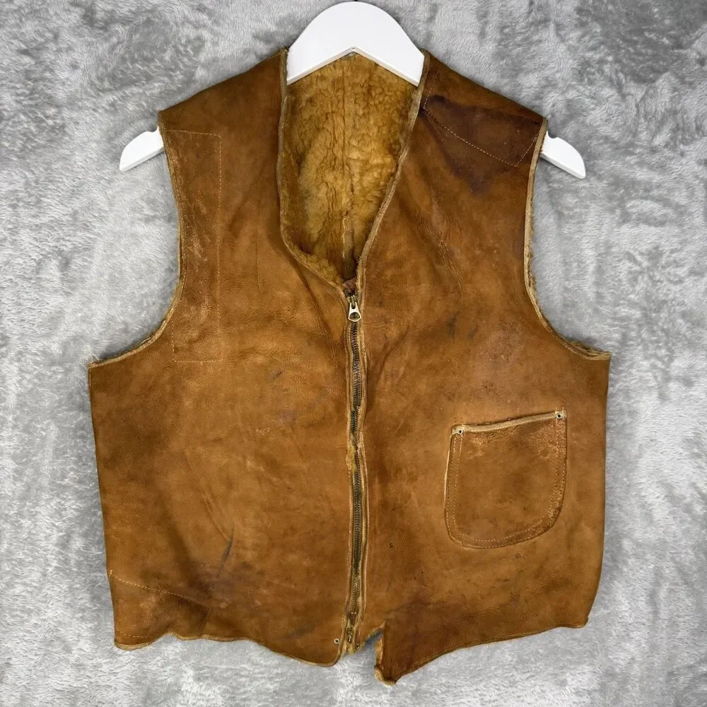 Vintage 1930s Leather Vest Men 38 Shearling Lined USA Talon Zip Brown Western